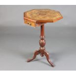 A Victorian octagonal inlaid and crossbanded walnut wine table, fitted 2 drawers, raised on a turned