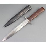 A double bladed knife, the 17cm blade marked HAT 1942 complete with scabbard