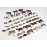 50 Britains farmyard animals including 8 shire horses (1f, some have bent legs), 3 horses (1f), a