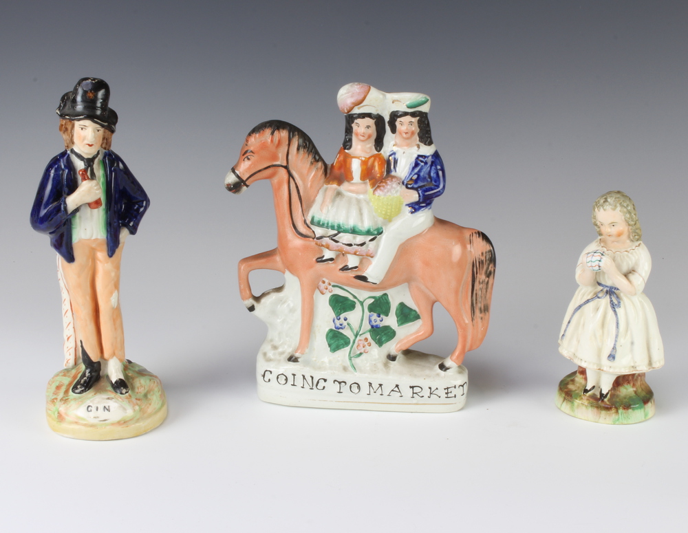A Staffordshire figure group of a couple seated on a horse going to market 20cm, a ditto Gin and