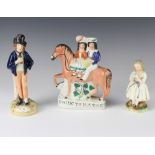 A Staffordshire figure group of a couple seated on a horse going to market 20cm, a ditto Gin and