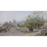 David Bates, watercolour signed, village street scene with figures and animals 29cm x 54cm