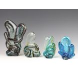 Four Mdina coloured glass sculptures 12cm, 12.5cm, 15cm and 22cm