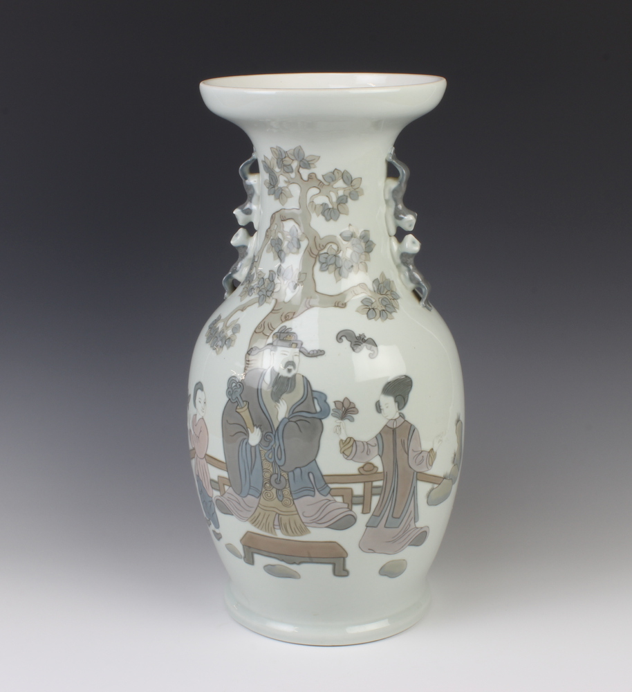 A Lladro 2 handled baluster vase decorated in the Chinese taste with figures beneath a tree 40cm