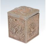 A Chinese rectangular antimony trinket box, the hinged lid decorated a dragon 12cm h x 9.5cm w x 9.