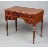 A Georgian mahogany sideboard fitted 1 long and 2 short drawers, raised on turned supports 76cm h
