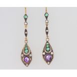 A pair of silver gilt Edwardian style amethyst, emerald and diamond drop earrings 37mm