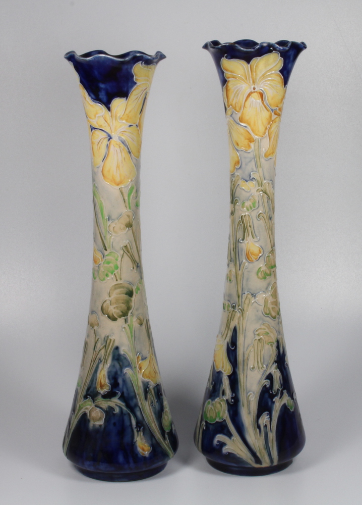 A near pair of William Moorcroft Macintyre Florian Ware waisted vases decorated with yellow irises - Image 6 of 9