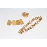 A 9ct yellow gold bracelet, a pair of cufflinks and a signet ring 14.5 grams
