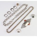 A silver bracelet and minor silver jewellery, 189 grams