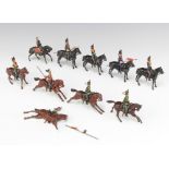 Three Britains figures of Hussars, 6 Britains figures of lancers (5 f) and a ditto mounted