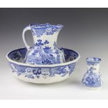 A Masons ironstone octagonal wash basin, jug and bowl together with a vase