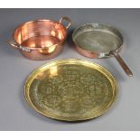 A copper twin handled preserving pan 33cm, a copper saucepan with iron handle 32cm and a Benares