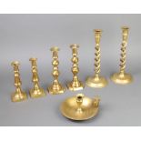 A pair of 19th Century brass spiral turned candlesticks on spreading feet 31cm h, 2 pairs of 19th