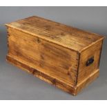 A Victorian pine trunk with hinged lid and iron drop handles, the interior fitted a candle box