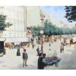 Ricardo Diaque, oil on board signed, Parisienne street scene with label en verso 37cm x 45cm