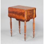 A Victorian mahogany drop flap work table with shaped top above 2 drawers, cupboard and flap to