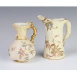 A Royal Worcester blush porcelain jug decorated with flowers 10cm, a ditto leaf jug 12cm