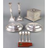 A pair of silver plated entree dishes and minor plated items