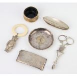 A Victorian silver card case with monogram Birmingham 1900, a pair of sugar tongs and minor items