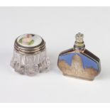 An Edwardian silver mounted toilet jar with enamelled lid and an overlaid silver scent bottle