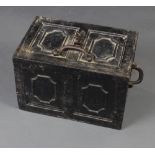 A 19th Century iron twin handled strong box with hinged lid complete with key 30cm h x 46cm w x 31cm