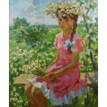 Stanislav Formenok, oil on canvas signed, study of a young girl sitting on a bench in an extensive
