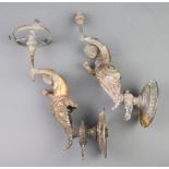 A pair of Edwardian gilt metal oil lamp brackets in the form of standing girls 24cm, 1 compete