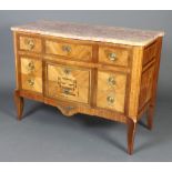 A French inlaid Kingwood commode with pink veined marble top, fitted 3 long drawers, raised on