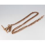 A 9ct yellow gold watch chain with T bar and 2 clasps, 13.6 grams