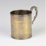 A Victorian engraved silver christening can with monogram and S scroll handle, London 1887, 8cm, 160