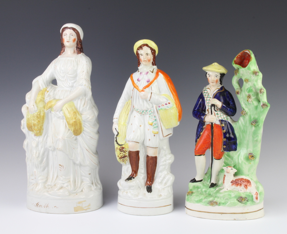 A Staffordshire group of a shepherd and sheep 32cm and 2 other Staffordshire figures