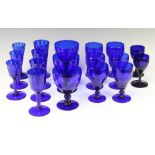 Three Bristol blue large goblets, 6 medium goblets, 2 small wine glasses, 4 tapered wines and 3