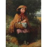 Robert Collinson, oil on board signed, study of a seated girl with a wicker basket and contents in a