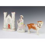 A Staffordshire figure of a Pug dog 13cm, a ditto of a lady with sheep 18cm and a spill vase in