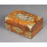 A Victorian figured walnut and brass mounded D shaped trinket box, the lid with embossed copper