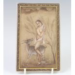 A late 19th Century Indian painted marble plaque decorated with a semi-clad lady and a deer,