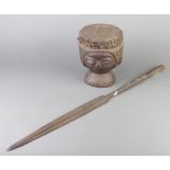 A leaf shaped double edge spear with 39cm blade together with a Congolese carved wooden drum the