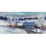 R Colliard, oil on canvas signed, a winter landscape with cottage 26cm x 54cm