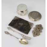 A circular silver dressing table jar, London 1945, a mounted wallet and minor items