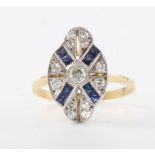 An 18ct yellow gold Art Deco style sapphire and diamond ring, size O
