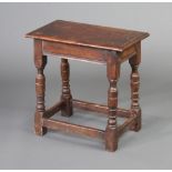 A Victorian rectangular oak joined stool, raised on turned and block supports 44cm h x 46cm w x 26cm