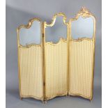 An Edwardian gilt wood and plaster 3 fold draft screen, having bevelled plate panels to the top half