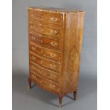 A French inlaid Kingwood chest of serpentine outline with pink veined marble top fitted 7 drawers