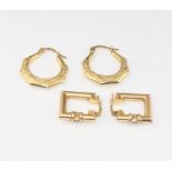 A pair of 9ct yellow gold square earrings and a pair of hoop earrings, 5 grams