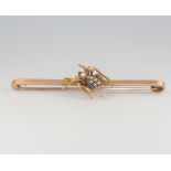 A 9ct yellow gold and enamelled seed pearl bug bar brooch 8cm, 9 grams