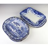 A Victorian blue and white meat plate and 5 other meat plates Four are damaged