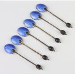 Six silver and enamel coffee spoons with bean ends, 47 grams