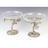 A pair of Edwardian silver plated centrepieces with dog beneath a tree with cut glass dishes 22cm