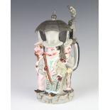 A Hungarian porcelain stein decorated with 4 gentleman having a pewter lid in the form of an